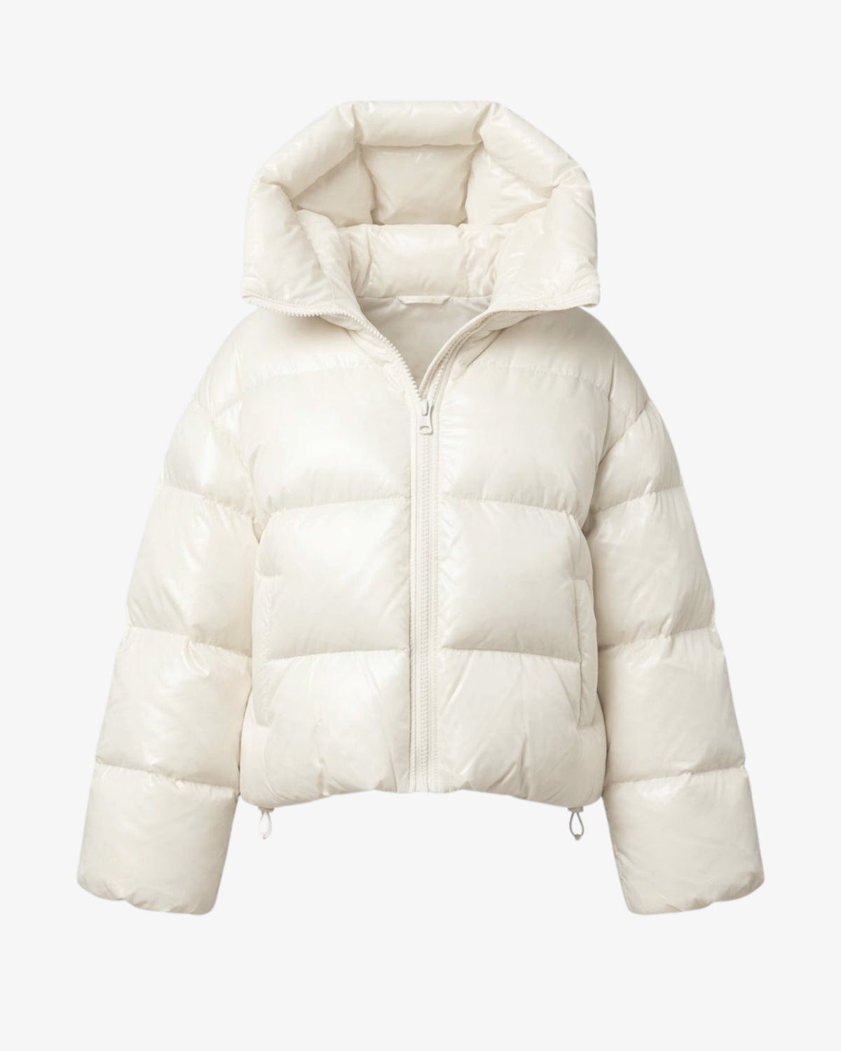 Cream down jacket with a hood