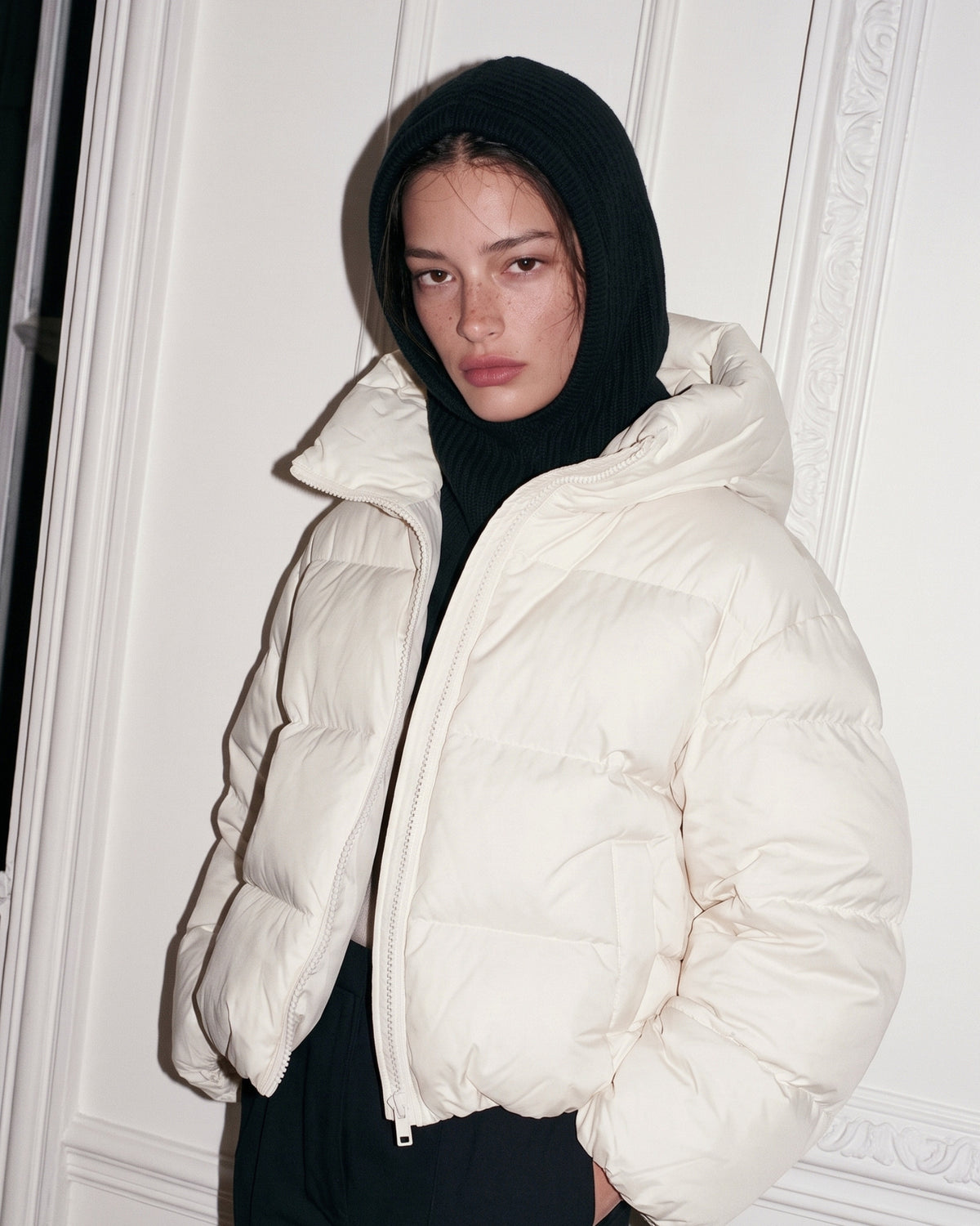 Cream down jacket with a hood
