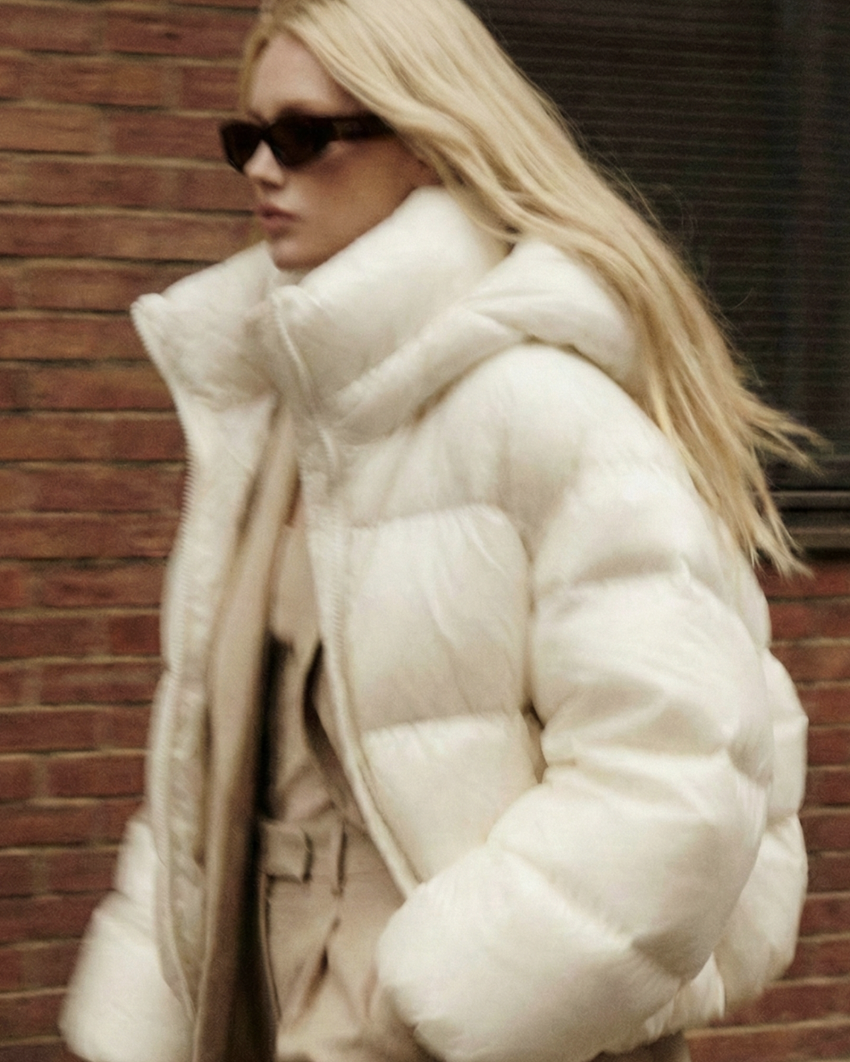 Cream down jacket with a hood